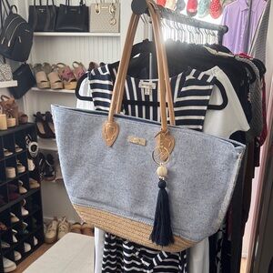 NEW Amiani Stylish Blue Canvas and Jute Tote Bag